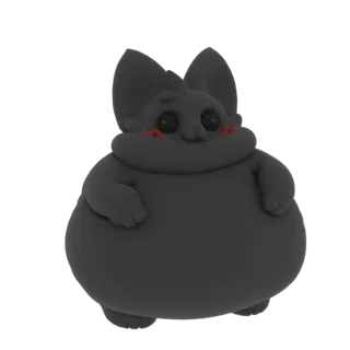 Un rendering 3D di un personaggio di gatto nero opaco, pancione, con grandi occhi scuri e segni rossi di rossore sulle guance