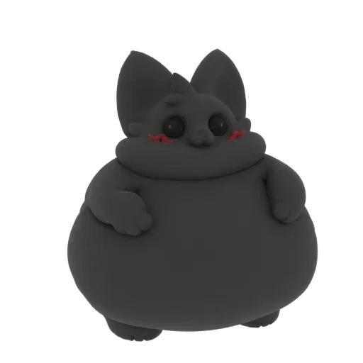Una renderización 3D de un personaje de gato negro mate, regordete, con ojos oscuros grandes y marcas rojas de rubor en sus m