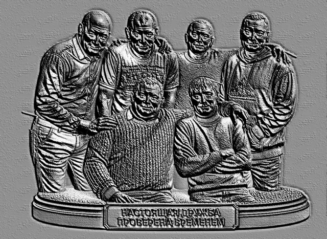 3D model of bas-relief "True Friendship Tested by Time" with six men in engraving style