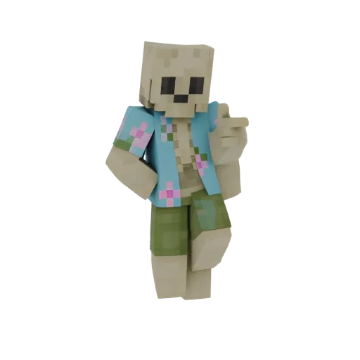 3D model of a skeleton character wearing a blue Hawaiian shirt with pink flowers and green shorts, pointing with its finger.