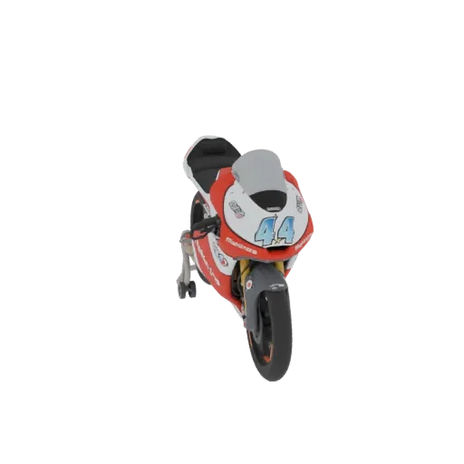 3D model of a Mahindra MGP30 racing motorcycle with red and white livery and the number 44 on the front.