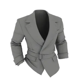 Modello 3D di un blazer doppiopetto con cintura da donna, mostrato da una vista frontale a tre quarti su sfondo bianco.