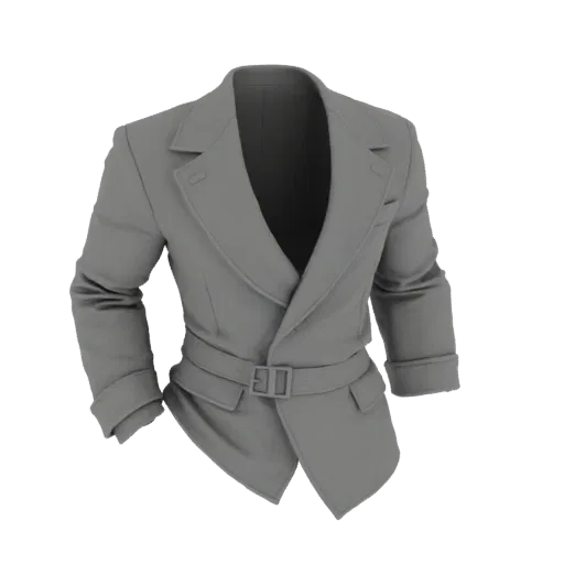 3D model of a women's double-breasted belted blazer, shown from a three-quarter front view against a white background.