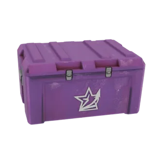 Modèle 3D d'une caisse de rangement violette avec un emblème d'étoile blanc et des textures d'usure visibles, sur fond blanc.