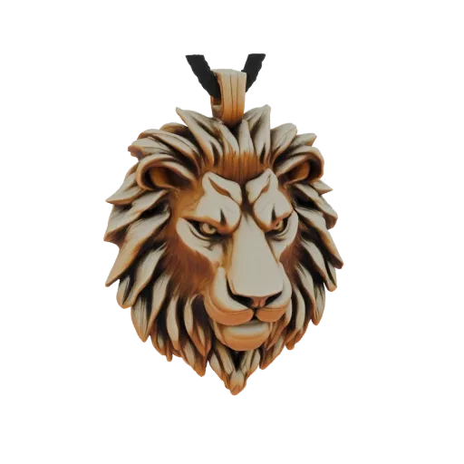 Renderização de modelo 3D de um majestoso pingente de cabeça de leão com juba detalhada e expressão feroz, apresentado em fun