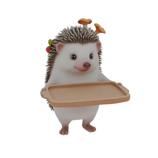 3D model of a cute, stylized hedgehog with mushrooms and berries on its back, holding a wooden tray.
