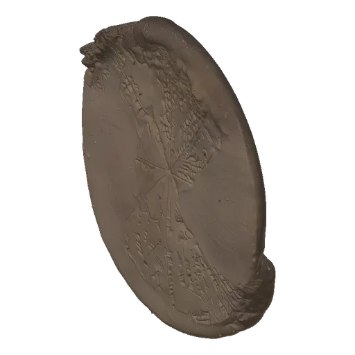 3D model of a circular fragment of an ancient cuneiform tablet with wedge-shaped script visible.
