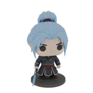 Modelo 3D de un guerrero anime con pelo azul, vistiendo un atuendo oscuro y sosteniendo una espada azul, al estilo Funko Pop.