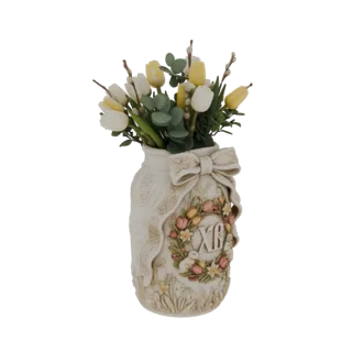 3D model of an Easter-themed mason jar vase filled with white and yellow tulips and pussy willows, featuring a bow and 'ХВ' i