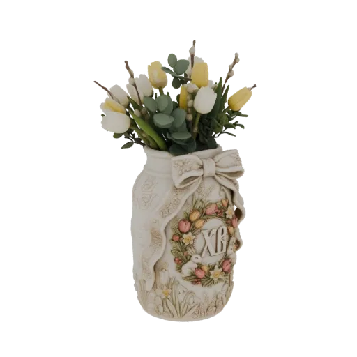 3D model of an Easter-themed mason jar vase filled with white and yellow tulips and pussy willows, featuring a bow and 'ХВ' i