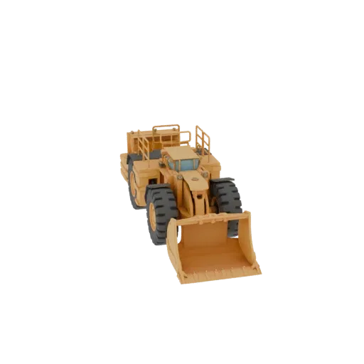 A 3D render of a yellow underground mining loader with a large front bucket and thick tires, presented on a white background.