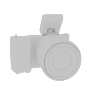 A 3D model of a white digital camera with its pop-up flash extended, viewed from a slight angle.