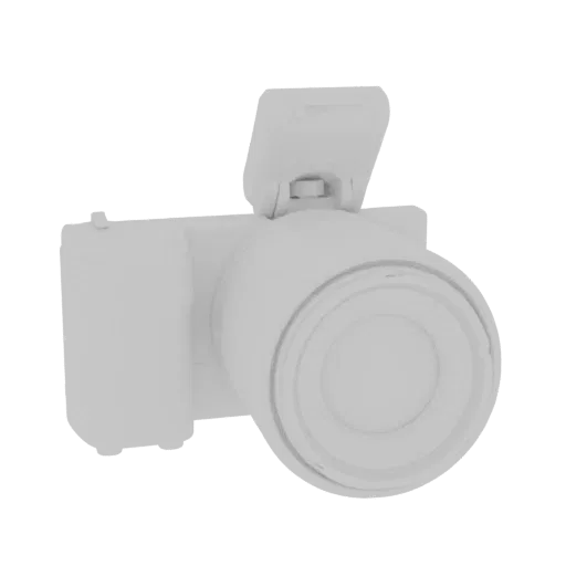 A 3D model of a white digital camera with its pop-up flash extended, viewed from a slight angle.