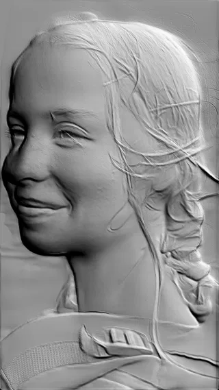 3D model of girl with braid bas-relief, side view, emphasizing hair and facial details.