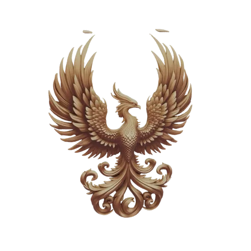 3D model of an ornate phoenix emblem with outstretched wings and a decorative tail, rendered in a metallic wood-like texture.