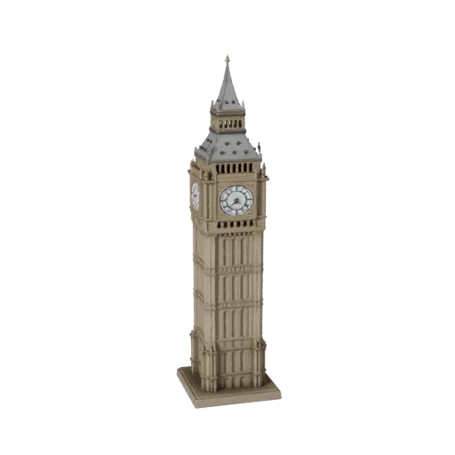Modello 3D STL stampabile della Torre dell'Orologio Grande Ben, vista isometrica, che mostra i materiali della struttura del
