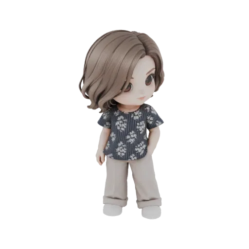 3D model of a chibi character with large eyes, wearing a dark floral print shirt and beige trousers, standing with one hand in its pocket.