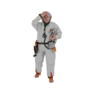 3D-Modell von Doc Brown in einem weißen Chemikalienschutzanzug, gestresst aussehend mit einer Hand auf der Stirn, ein Gerät h