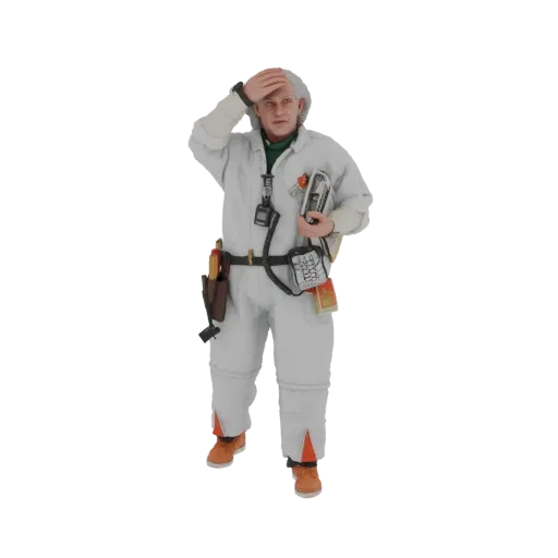 3D model of Doc Brown in a white hazmat suit, looking stressed with a hand on his forehead, holding a device.