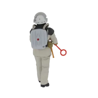 Vista traseira de um modelo 3D de um explorador sci-fi vestindo um traje branco, mochila cinza e segurando um scanner vermelh