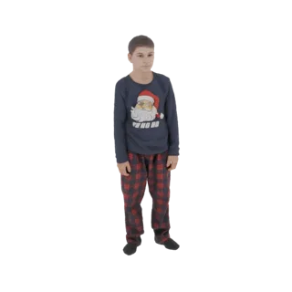 3D model of a young boy wearing a navy blue pajama top with a Santa Claus print and red plaid pajama pants, standing against