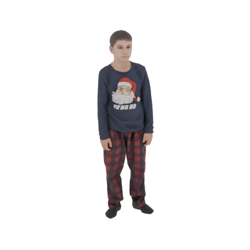 3D-Modell eines Jungen in einem dunkelblauen Pyjama-Oberteil mit Weihnachtsmann-Aufdruck und rot-karierter Pyjamahose, vor we