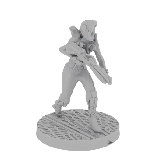 Figurine 3D de soldat féminin sci-fi avec fusil, sur base tactique.
