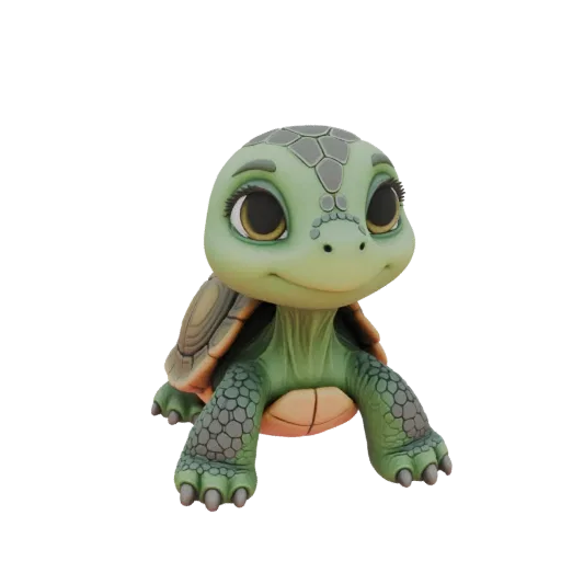 3D model of a cute, cartoon-style baby turtle with large eyes and a detailed shell, posed looking forward.