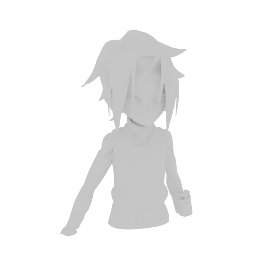 3D render of a stylized anime character bust with spiky hair and a neutral expression, presented in a clean, untextured format.