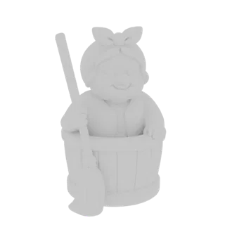 Renderização de modelo 3D de uma velhinha alegre e caricata com bochechas rosadas, usando um lenço, espiando de um balde de m