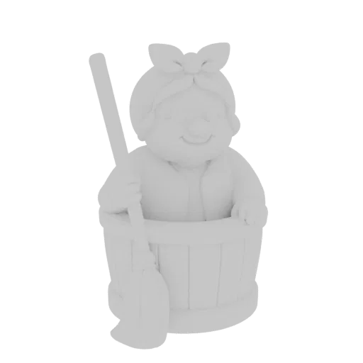 3D-Modell-Rendering einer fröhlichen, cartoonhaften alten Frau mit rosigen Wangen, die ein Kopftuch trägt, aus einem Holzeime