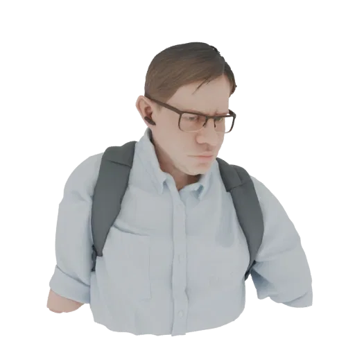 3D model of a young man with glasses and a backpack, wearing a light blue shirt, looking down thoughtfully.