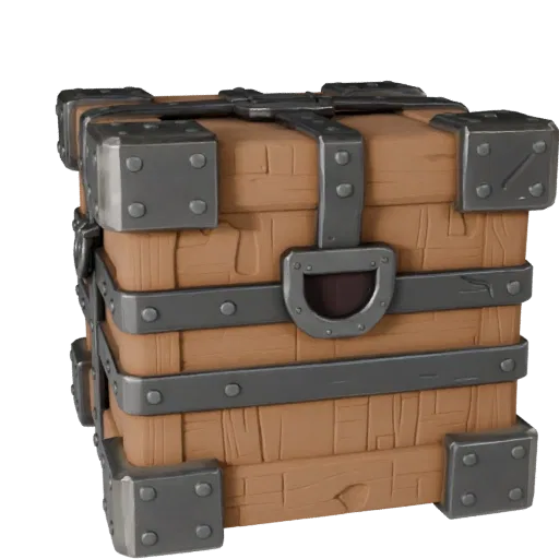 Medieval Supply Box Stylized 3D model, stylized isometric render, showing wood planks, stackable massing.