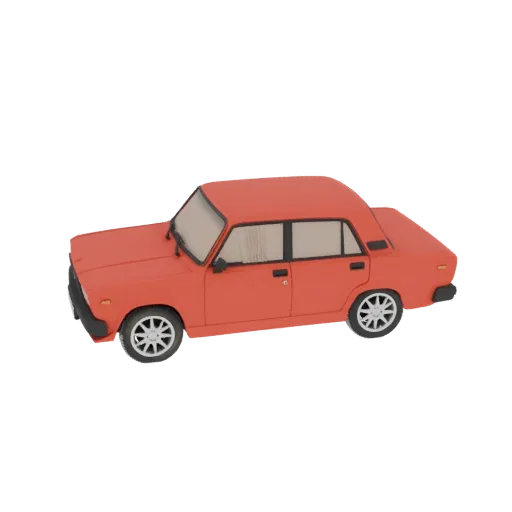 Un modello 3D di una classica auto berlina rossa, vista da un'angolazione laterale leggermente elevata su sfondo nero.