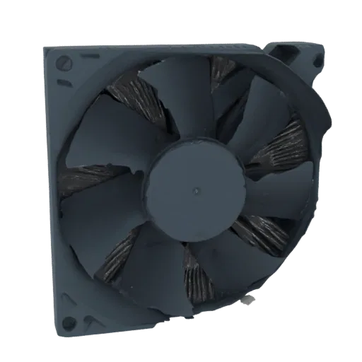 3D model of a damaged computer fan with bent blades and a dark, worn finish, isolated on a white background.