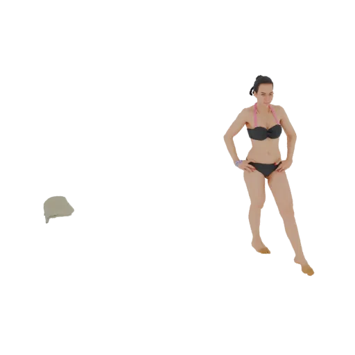 3D model of a woman wearing a black bikini with pink straps, standing with hands on hips.