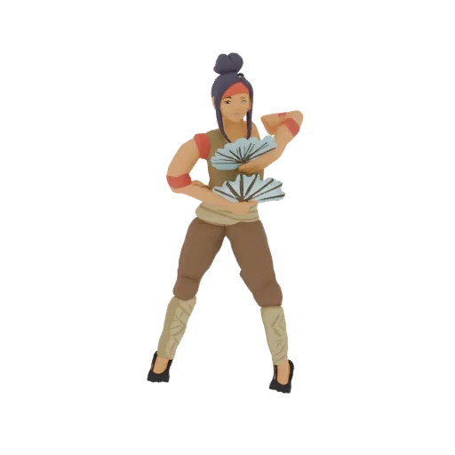 A stylized 3D model of a female dancer in a dynamic pose, holding two open fans, with a high bun and traditional attire.