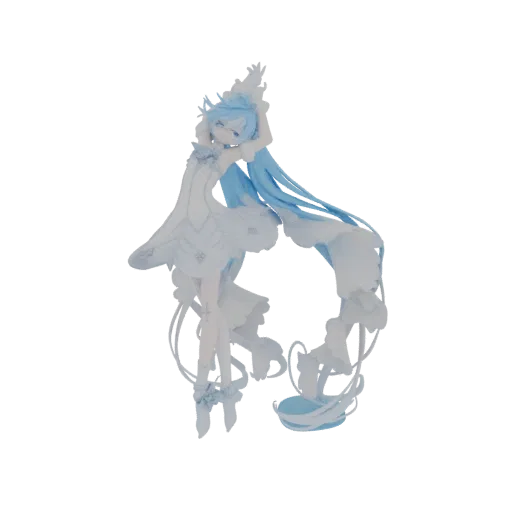 3D-Modell von Snow Miku, einer Figur mit fließendem blauem Haar und weißen Blütenblattakzenten, in dynamischer Pose.