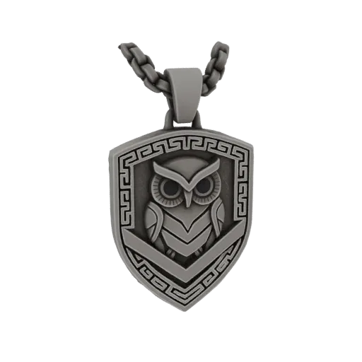 3D model of a shield pendant with a wise owl and Greek key border, rendered in a metallic finish.