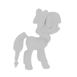 Uma renderização 3D de uma figurinha de pônei branco estilizado com uma cauda longa e detalhada trançada, vista de lado.