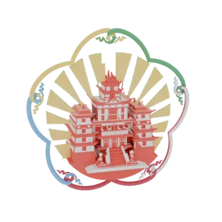 3D model of a traditional Asian pagoda emblem with a sunburst background and a floral border in red, yellow, green, and blue.