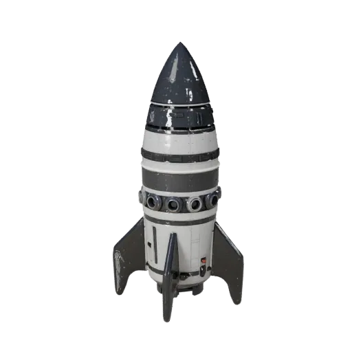 Rocket Stylized 3D model, stylized isometric render, showing emissive strips, strong prop silhouette.