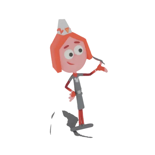 A 3D render of a cartoon princess character with red hair, wearing a crown and holding a wand, against a black background.