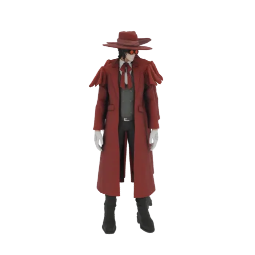 Modello 3D di Alucard, il vampiro di Hellsing, con soprabito rosso e cappello, occhiali rossi.