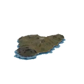 3D-Modell einer Vulkaninsel mit großem Krater, sanften Hügeln und umliegendem blauem Wasser vor weißem Hintergrund.