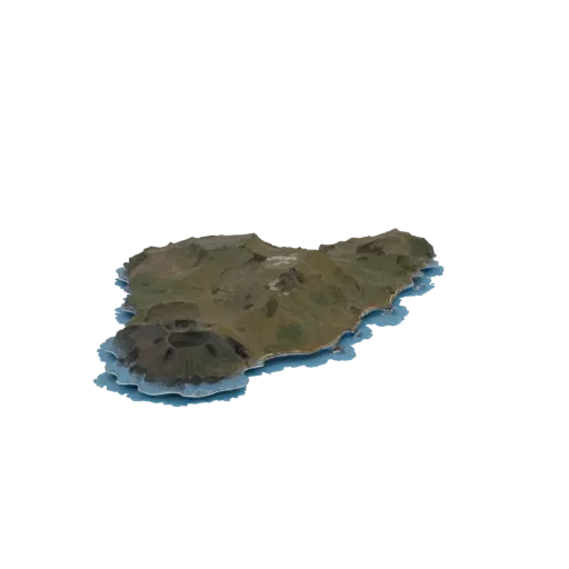 3D-Modell einer Vulkaninsel mit großem Krater, sanften Hügeln und umliegendem blauem Wasser vor weißem Hintergrund.