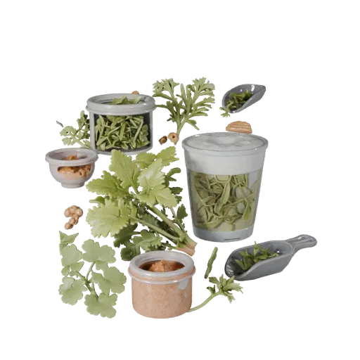 Fresh Herb Bundle High Poly 3D model, close-up studio render, showing powders, small ingredient shapes.