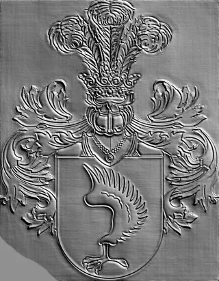 3D model of a bas-relief depicting a stylized bird in a crown and heraldic elements, rendered in high relief.