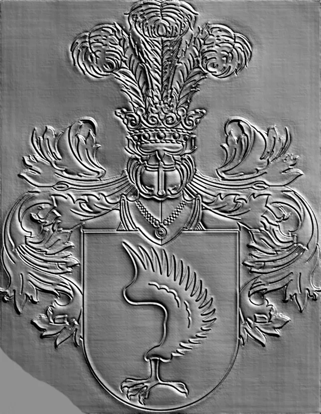 3D model of a bas-relief depicting a stylized bird in a crown and heraldic elements, rendered in high relief.