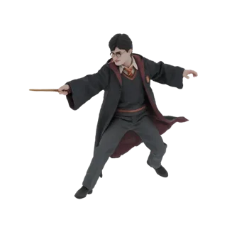 Modèle 3D de Harry Potter en uniforme de Poudlard, portant des lunettes, tenant une baguette et lançant un sort.